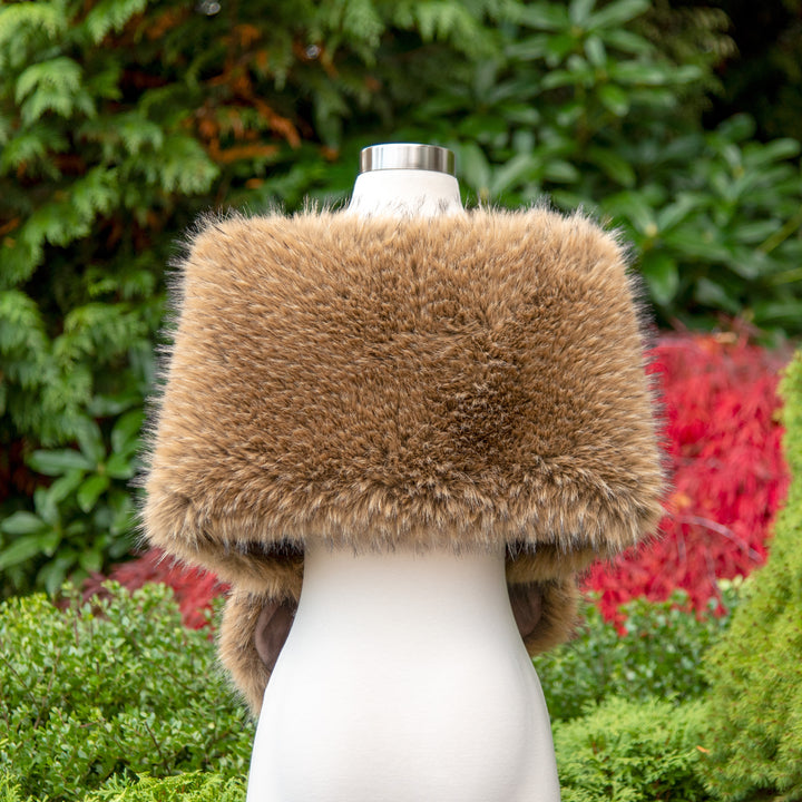 Brown faux fur wrap bridal shawl with black tips