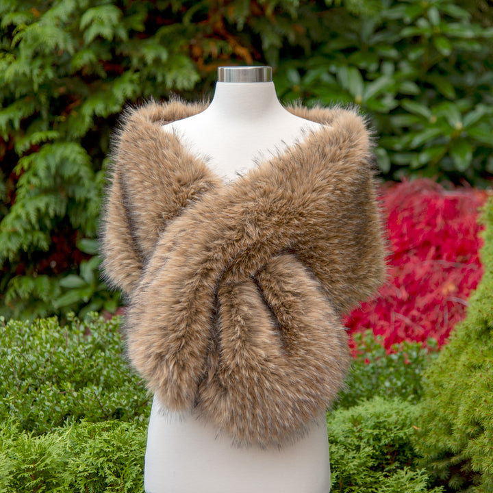Brown faux fur wrap bridal shawl with black tips
