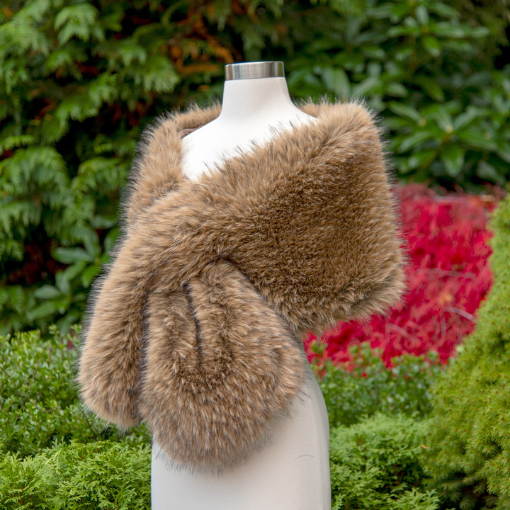 Brown faux fur wrap bridal shawl with black tips