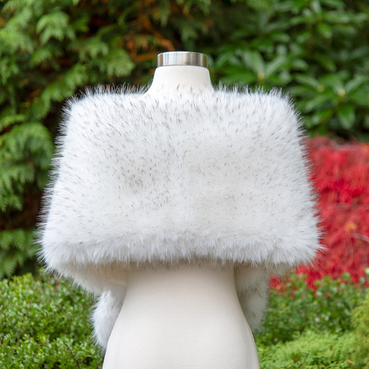 Natural white faux fur wrap bridal shawl with black tips