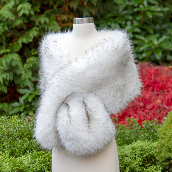 Natural white faux fur wrap bridal shawl with black tips