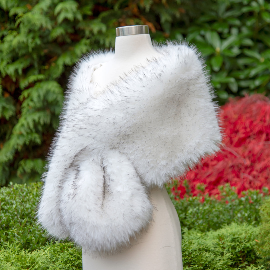 Natural white faux fur wrap bridal shawl with black tips