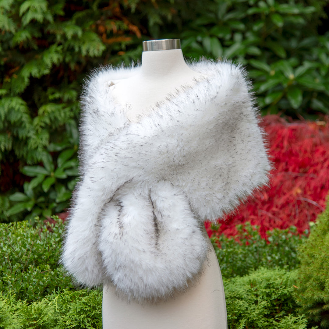 Natural white faux fur wrap bridal shawl with black tips