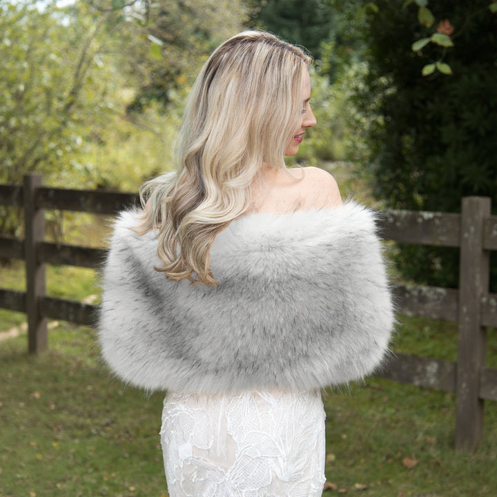 Pale gray faux fur wrap bridal shawl