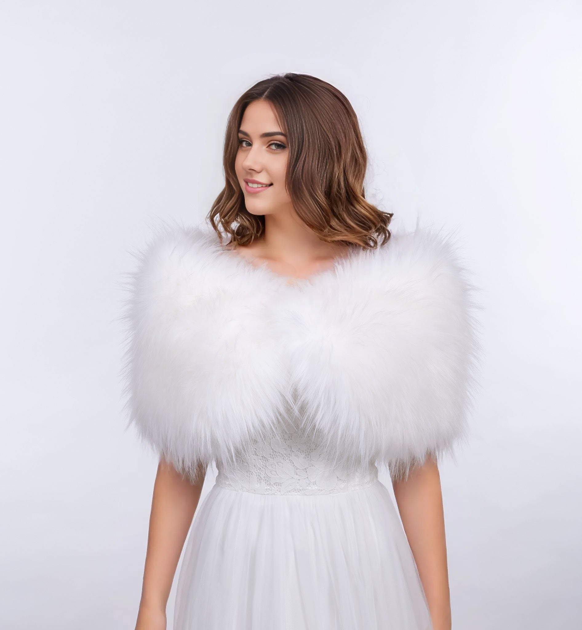 White faux fur wrap bridal shawl wedding stole – Tulip Bridal