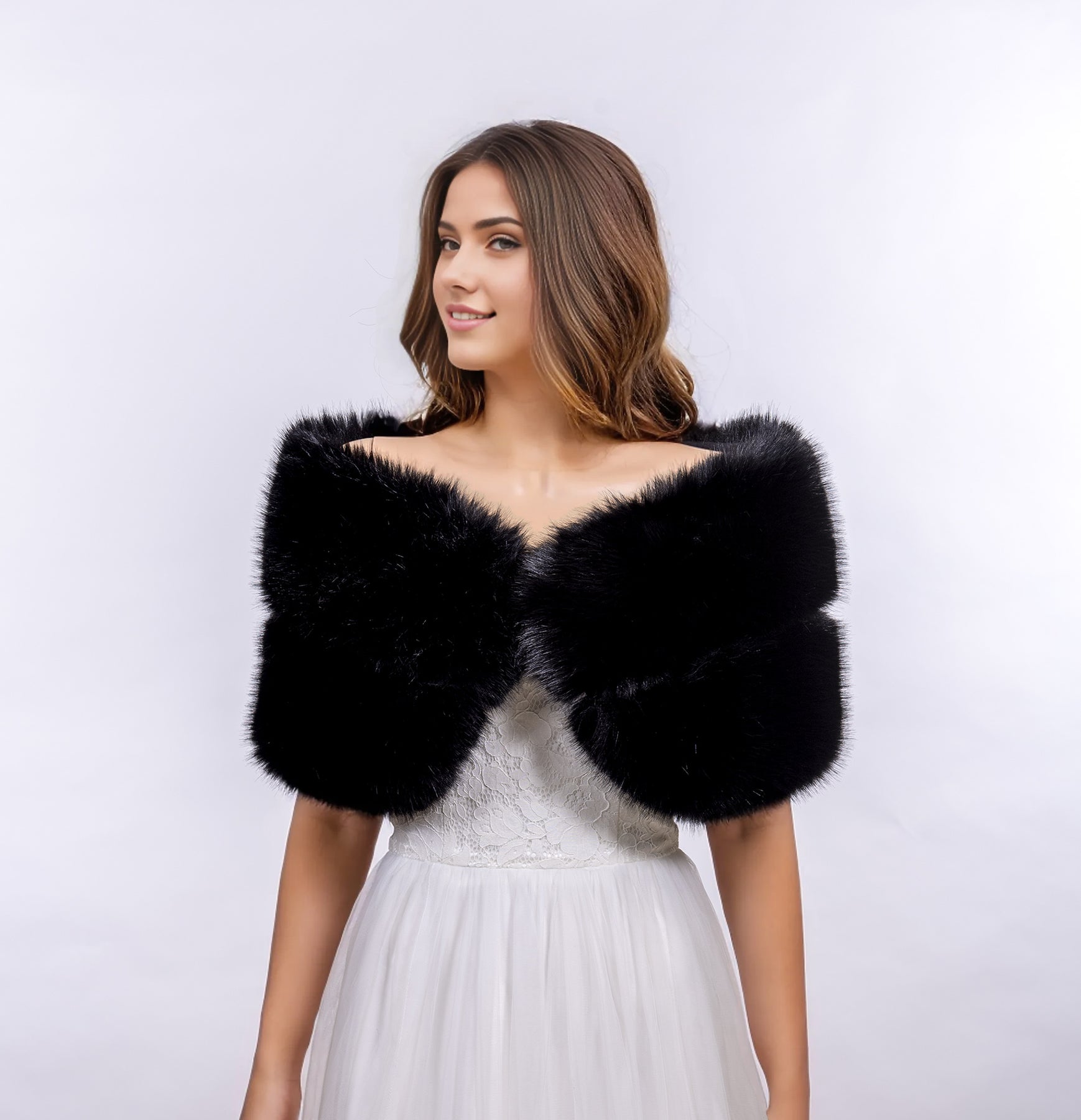 black fur shawl for dress Black faux fur wrap bridal shawl wedding stole, XL / Black