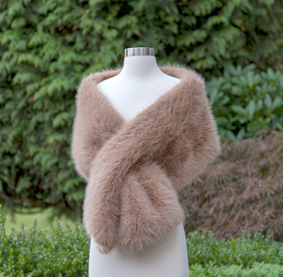 Honey brown faux fur wrap bridal shawl wedding cape