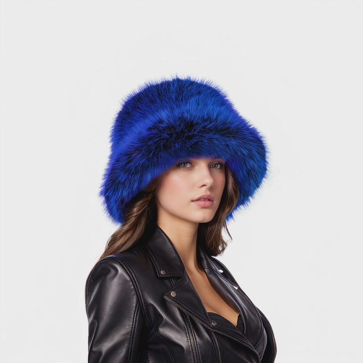 Blue black two tone faux fur bucket hat