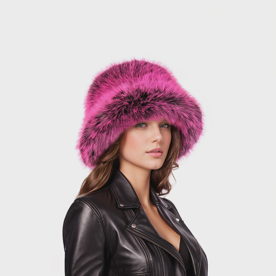 Pink black two tone faux fur bucket hat