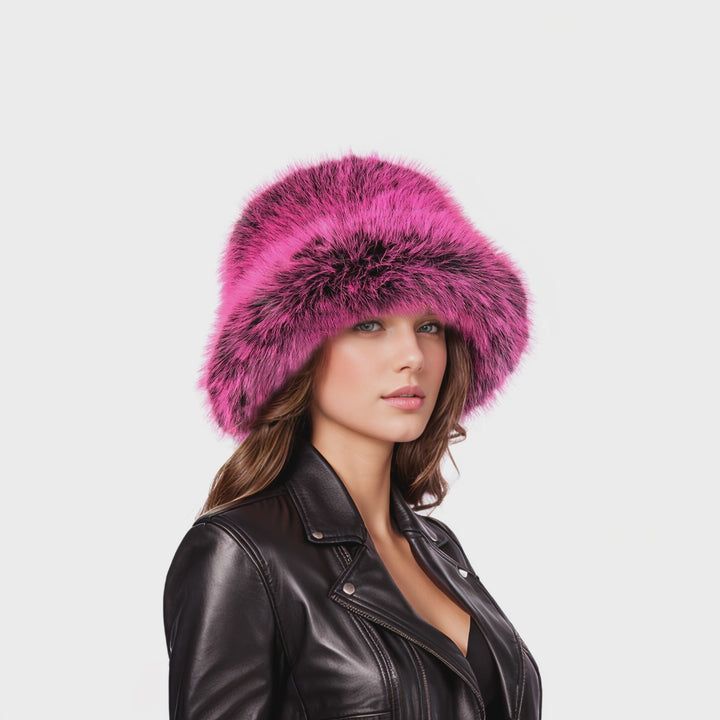 Pink black two tone faux fur bucket hat