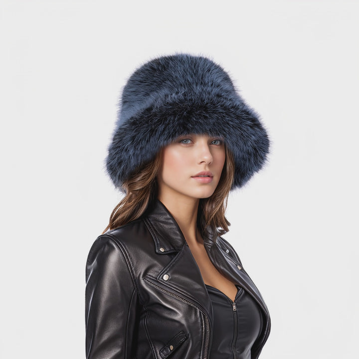 Gray black two tone faux fur bucket hat