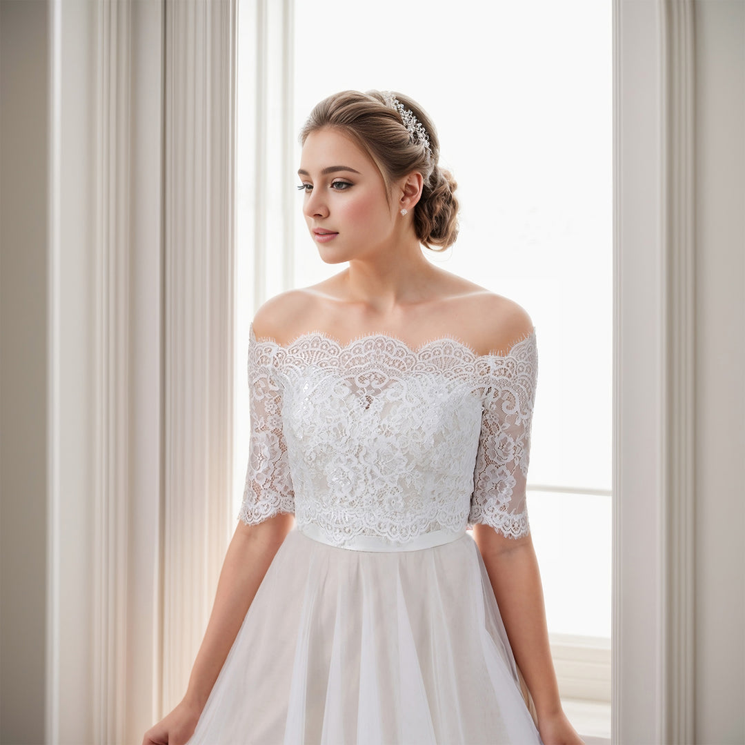 Off-Shoulder Chantilly Lace Bolero wedding dress topper, Large Off-Shoulder Chantilly Lace Bolero wedding dress topper, Large