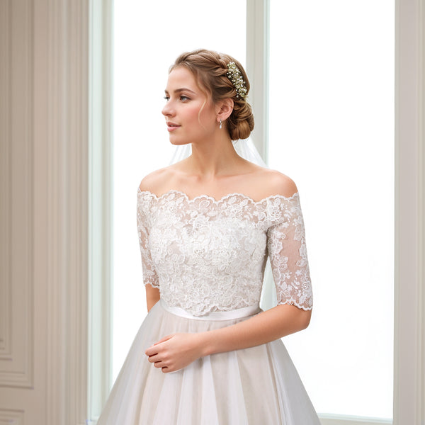 Short Sleeve Bridal Bolero Beaded Lace Wedding Dress Topper: Light Ivory  Bishop Sleeve Bridal Jacket
