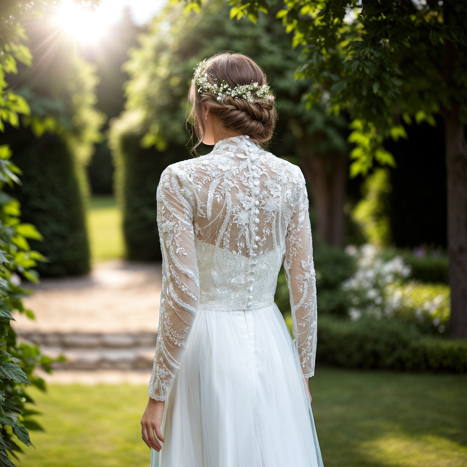 beaded topper for wedding dress Beaded Lace Wedding Dress Topper: Light Ivory Bishop Sleeve Bridal Jacket