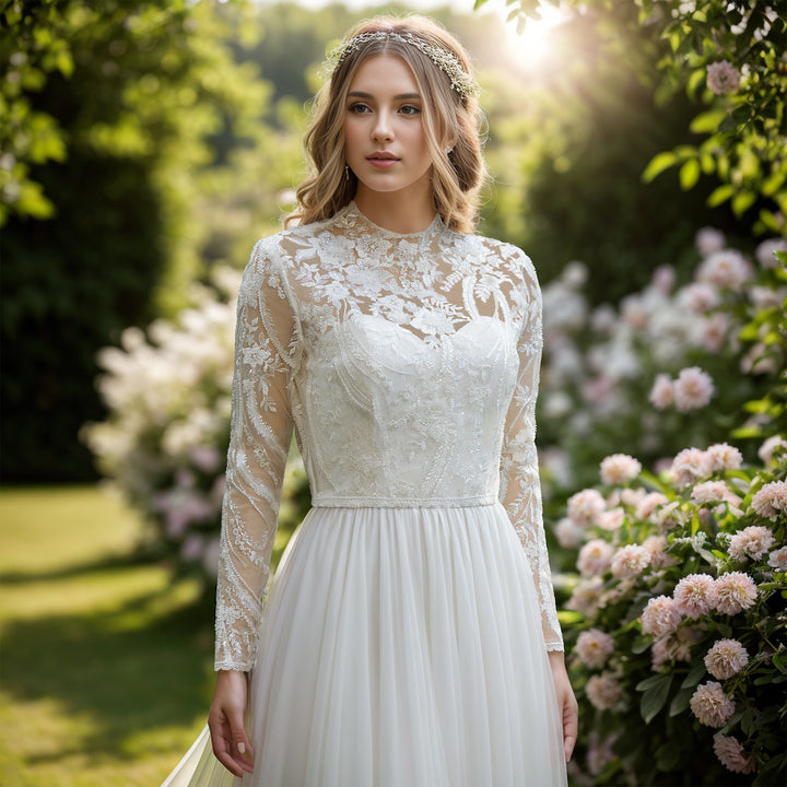 Beaded high neck long sleeve wedding dress topper
