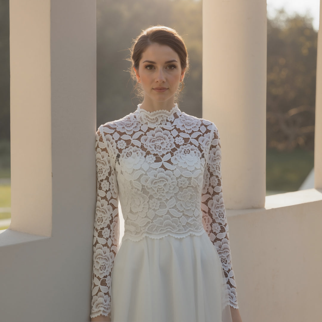 lace long sleeve dress topper Long Sleeve Two-in-One Silk High Neckline Wedding Gown