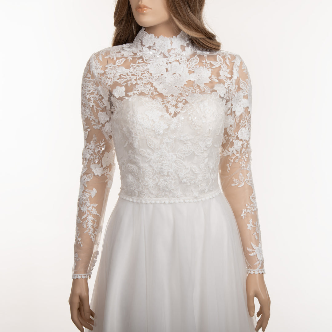 embroidered lace long sleeve dress topper Ivory long sleeve embroidered lace wedding dress topper, Small