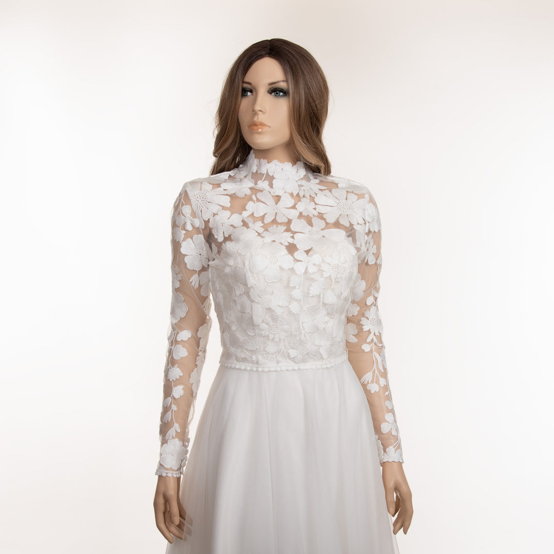 organza wedding dress topper Silk Organza Bridal Topper, High Neckline Wedding Dress Top, Vintage Style Sheer Bridal Jacket - Anthea Top