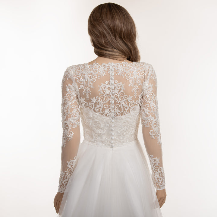 Boat neck lace wedding dress topper with beaded lace