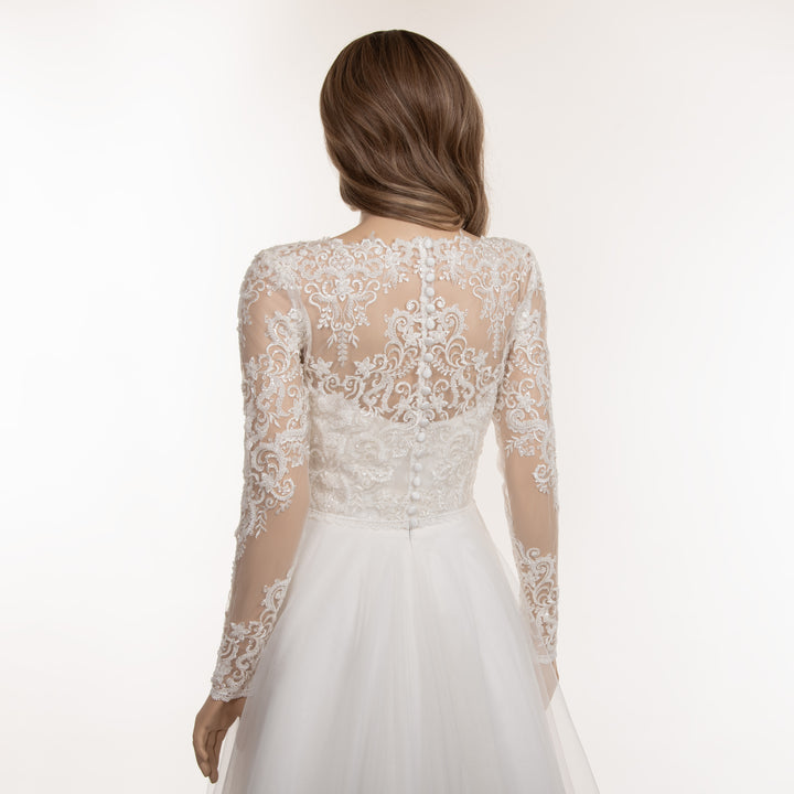 Boat neck lace wedding dress topper with beaded lace