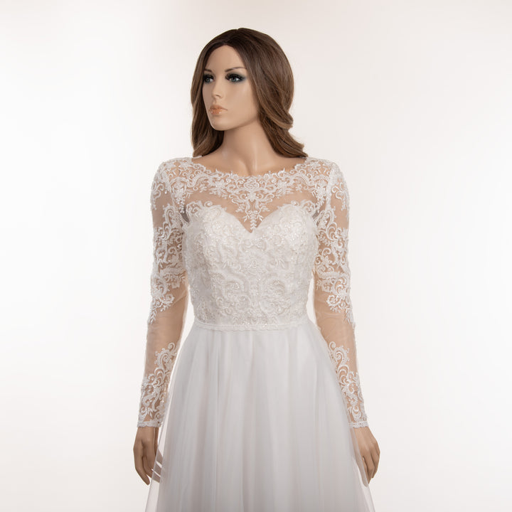 Boat neck lace wedding dress topper with beaded lace