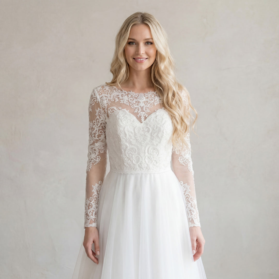 Boat neck lace wedding dress topper with beaded lace