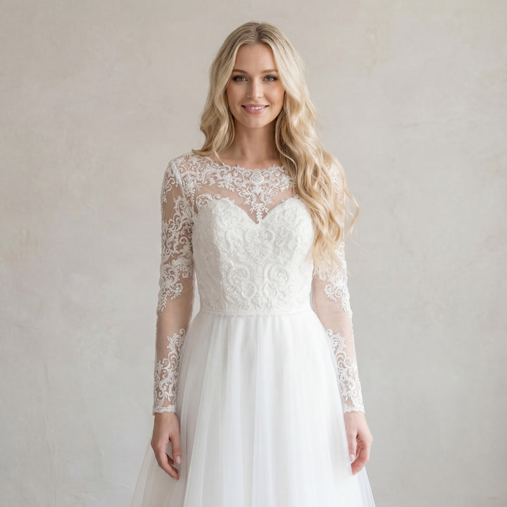 Boat neck lace wedding dress topper with beaded lace