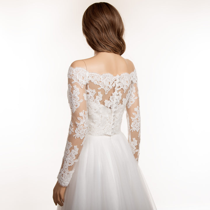 Off shoulder re-embroidered lace wedding dress topper