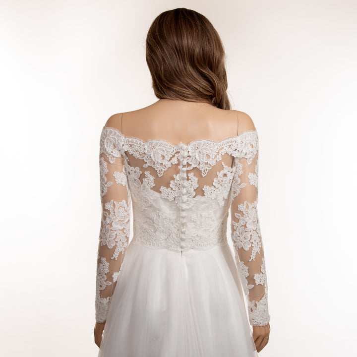 Off shoulder re-embroidered lace wedding dress topper