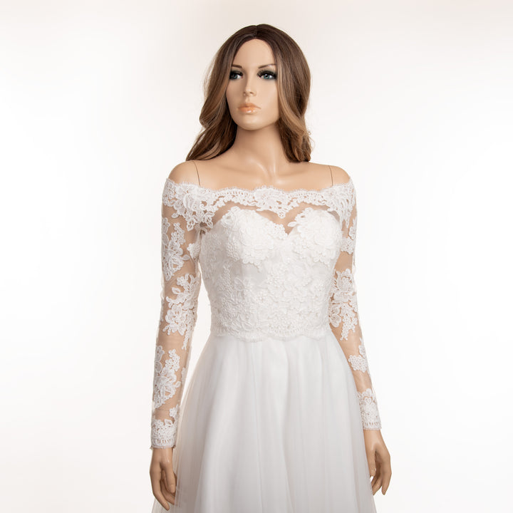 Off shoulder re-embroidered lace wedding dress topper