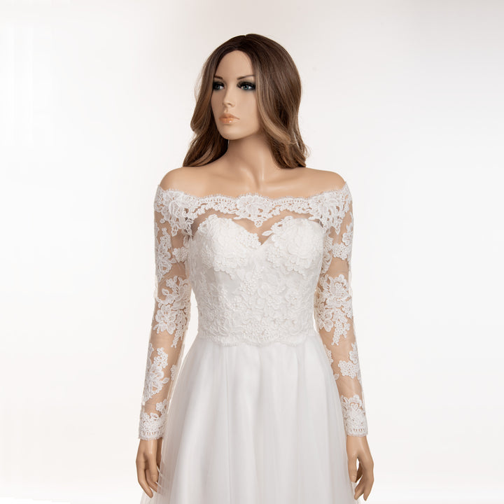 Off shoulder re-embroidered lace wedding dress topper