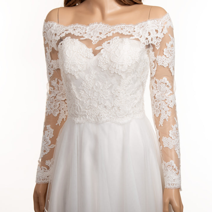 Off shoulder re-embroidered lace wedding dress topper