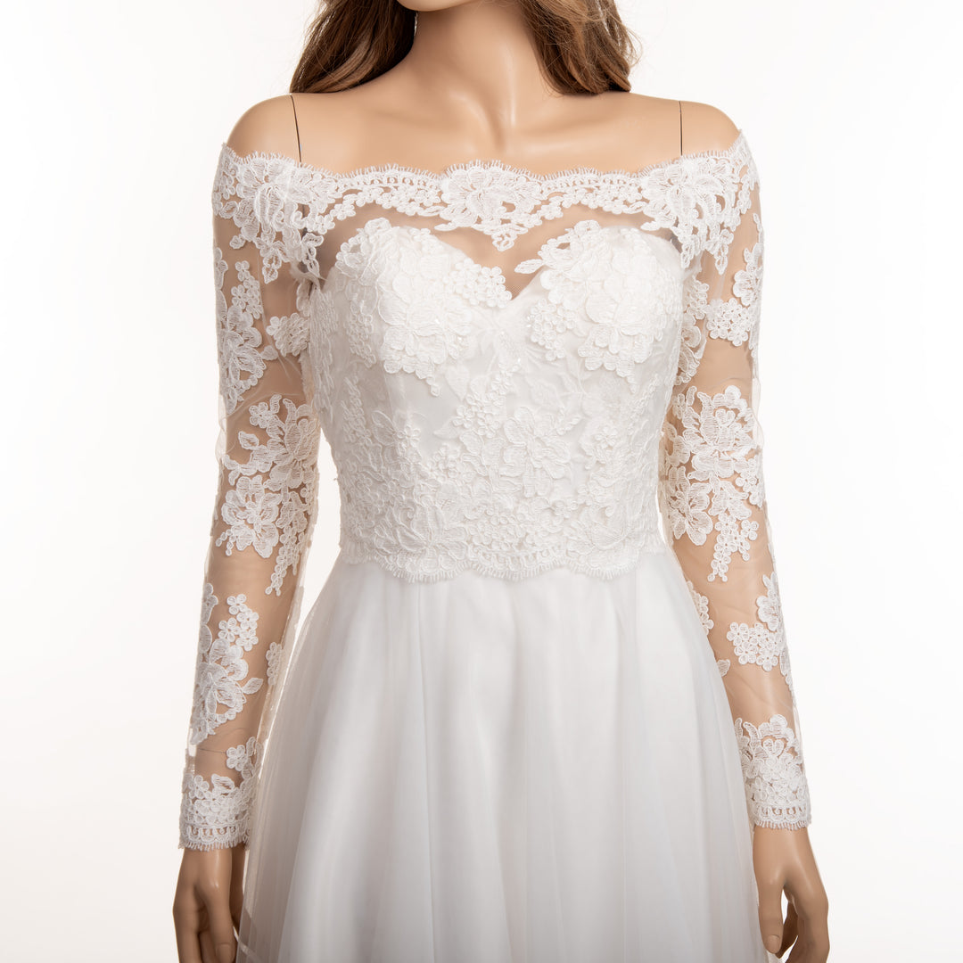 Off shoulder re-embroidered lace wedding dress topper