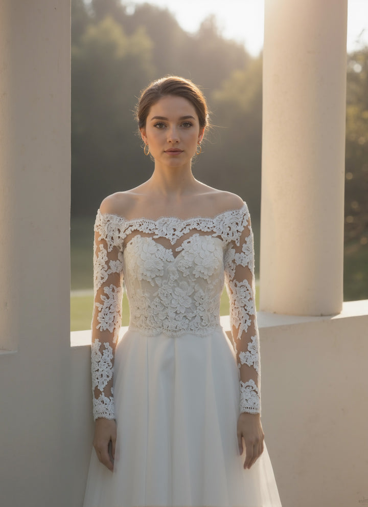 Off shoulder re-embroidered lace wedding dress topper