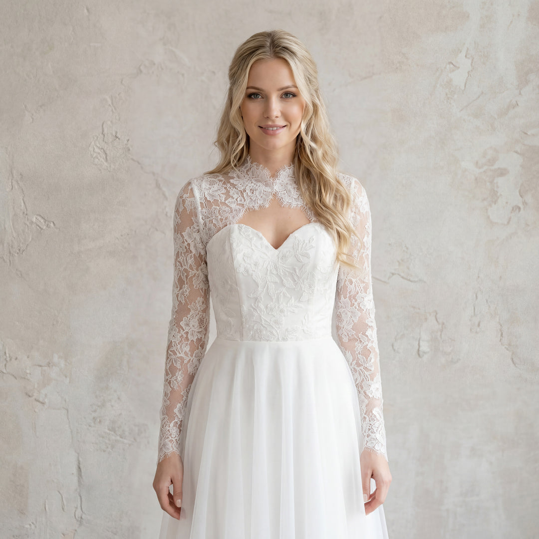 Mandarin collar lace bolero wedding dress topper