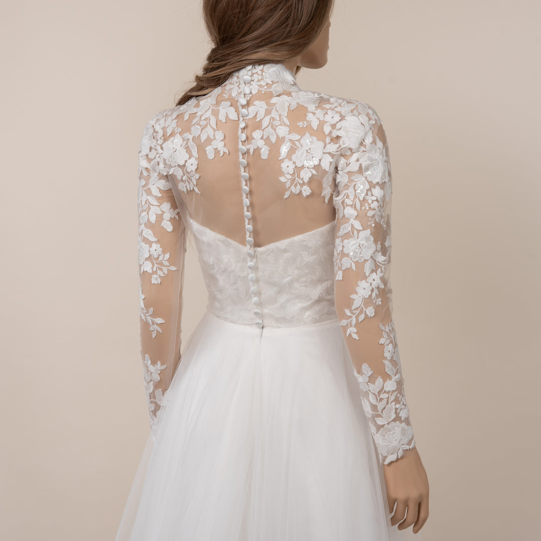 Light ivory long sleeve wedding dress topper with mandarin collar