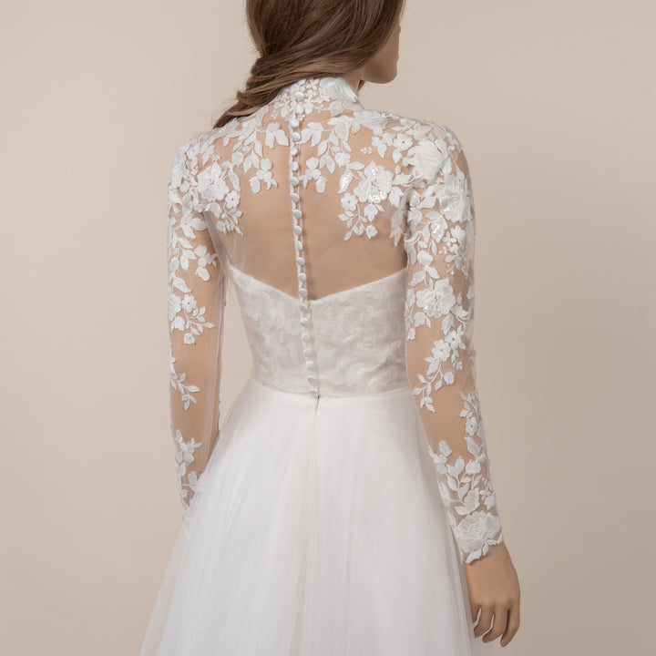 Light ivory long sleeve wedding dress topper with mandarin collar