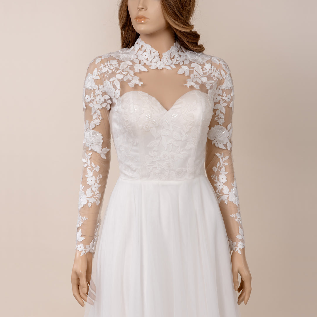 Light ivory long sleeve wedding dress topper with mandarin collar