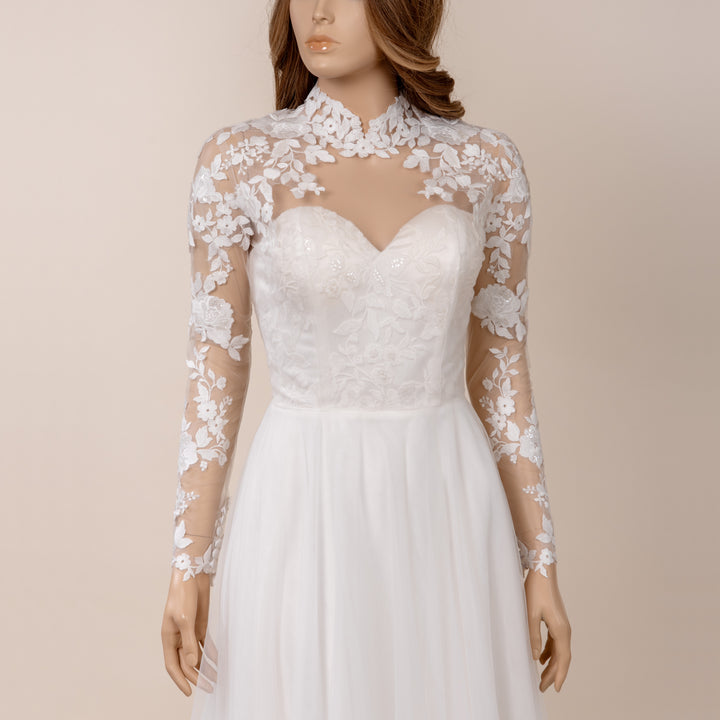 Light ivory long sleeve wedding dress topper with mandarin collar