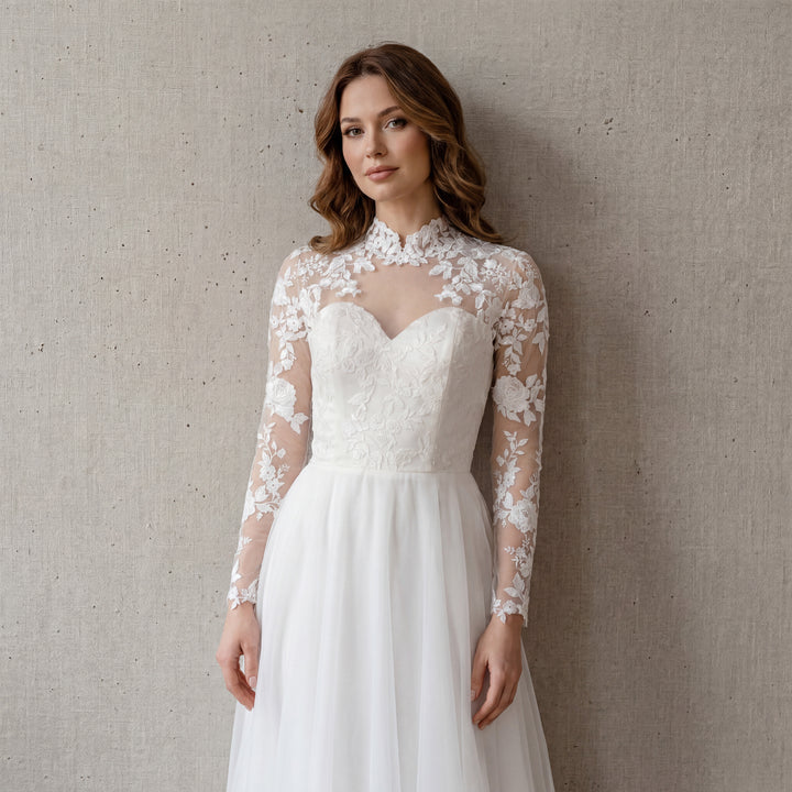 Light ivory long sleeve wedding dress topper with mandarin collar