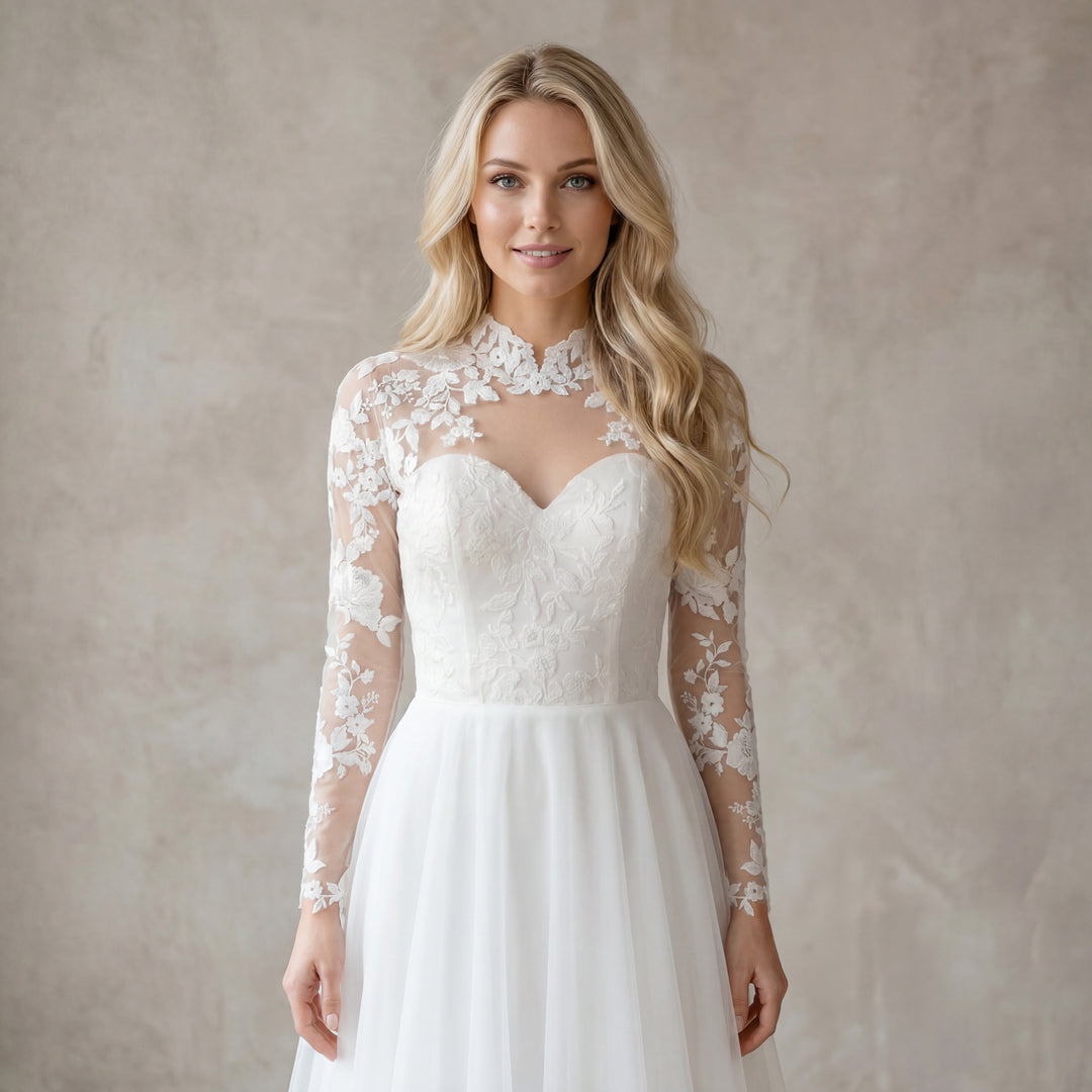 Light ivory long sleeve wedding dress topper with mandarin collar
