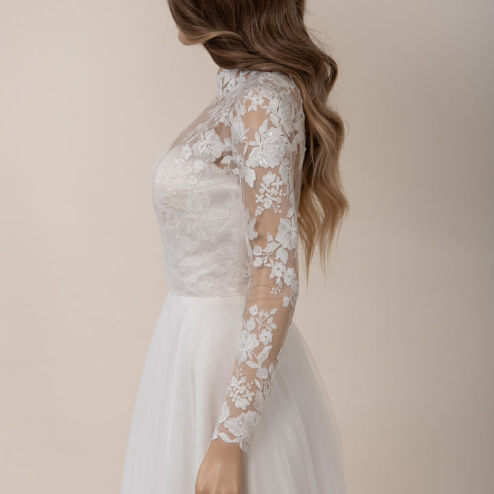 Light ivory long sleeve wedding dress topper with mandarin collar