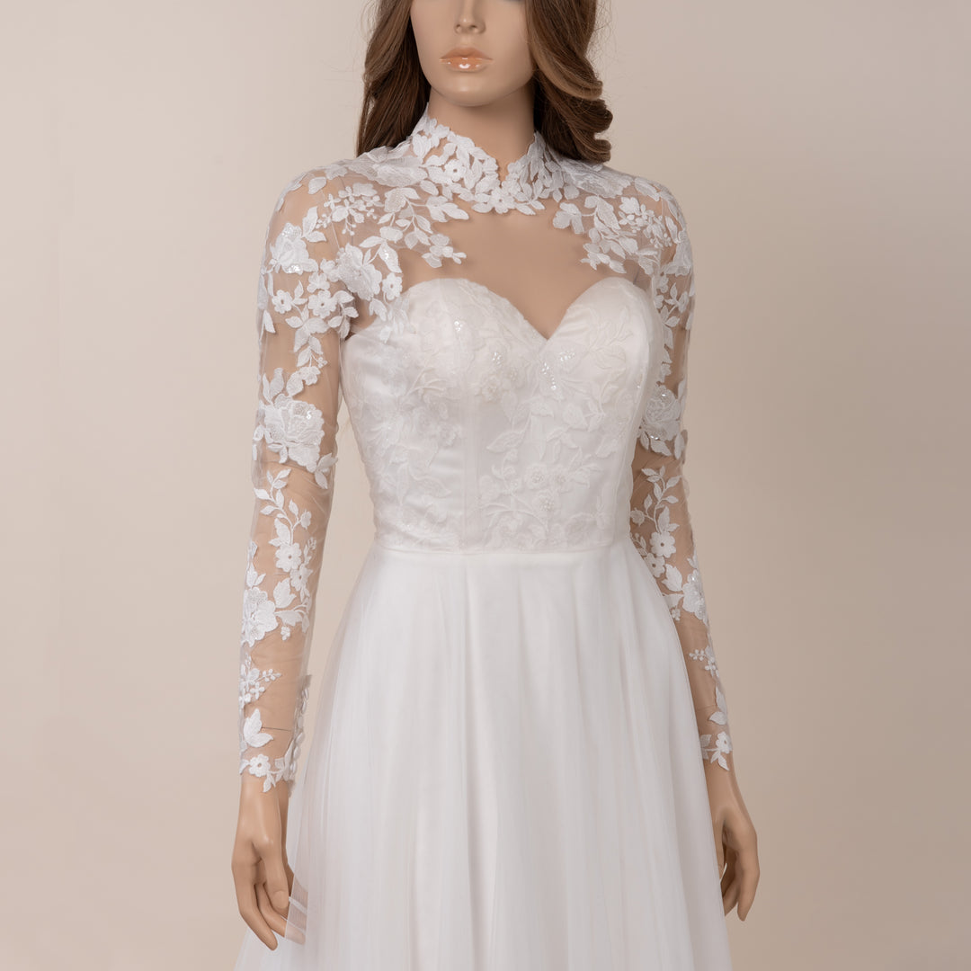 Light ivory long sleeve wedding dress topper with mandarin collar