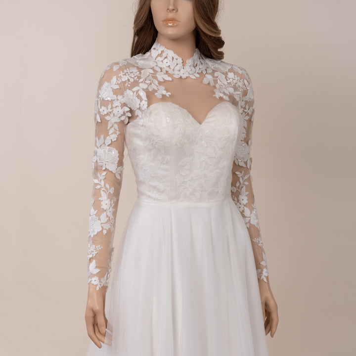 Light ivory long sleeve wedding dress topper with mandarin collar