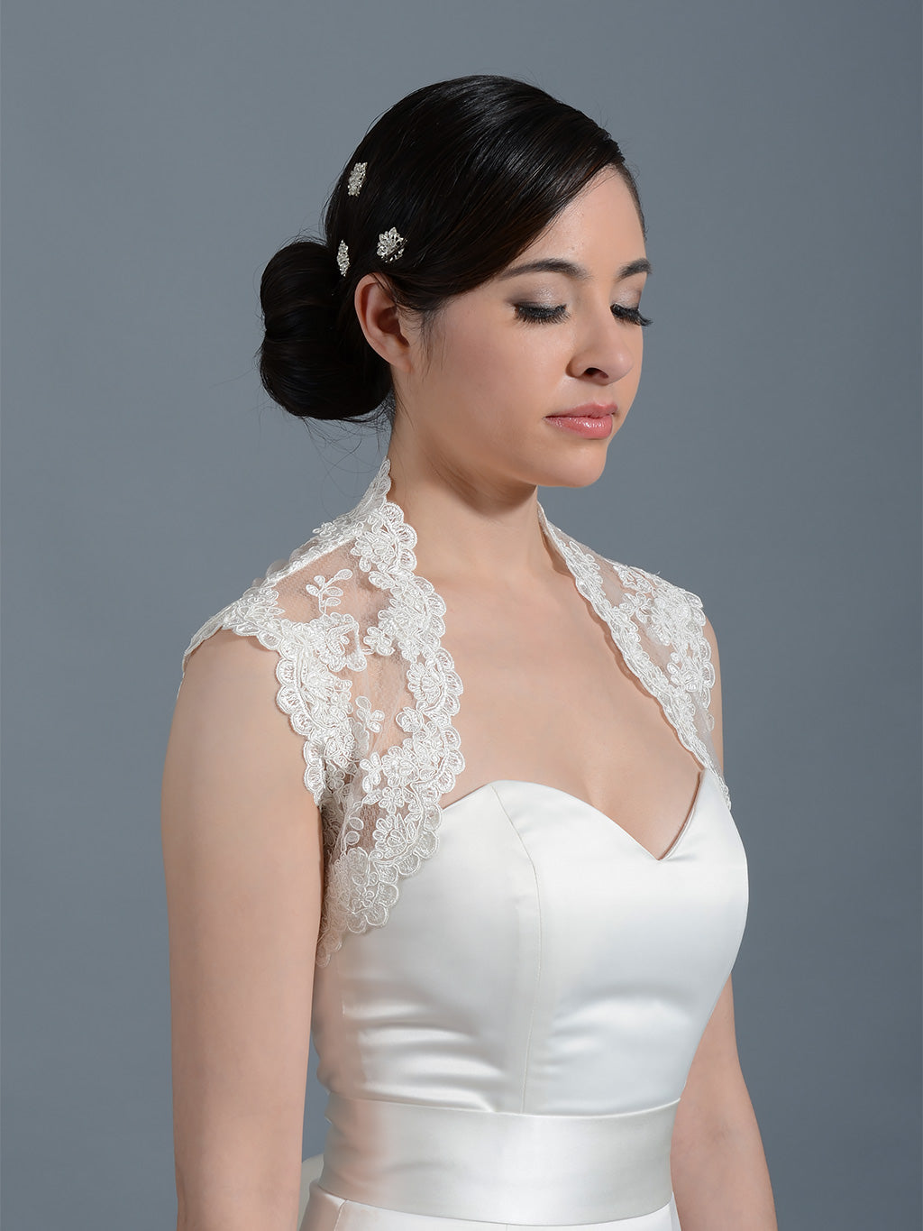 Ivory sleeveless bridal alencon lace bolero jacket