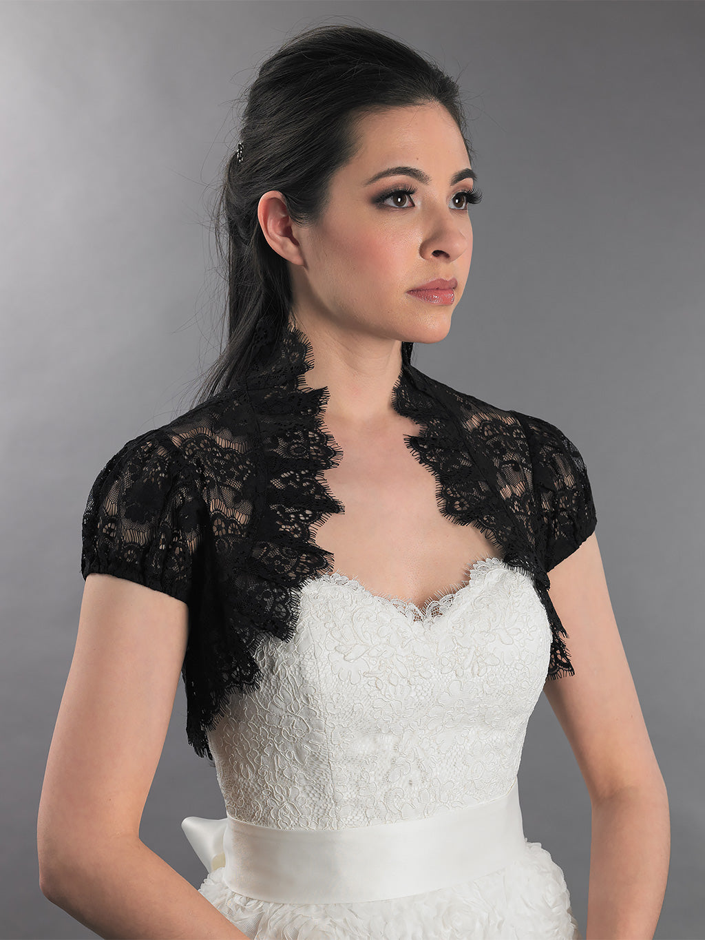 Black short sleeve corded lace wedding bolero – Tulip Bridal