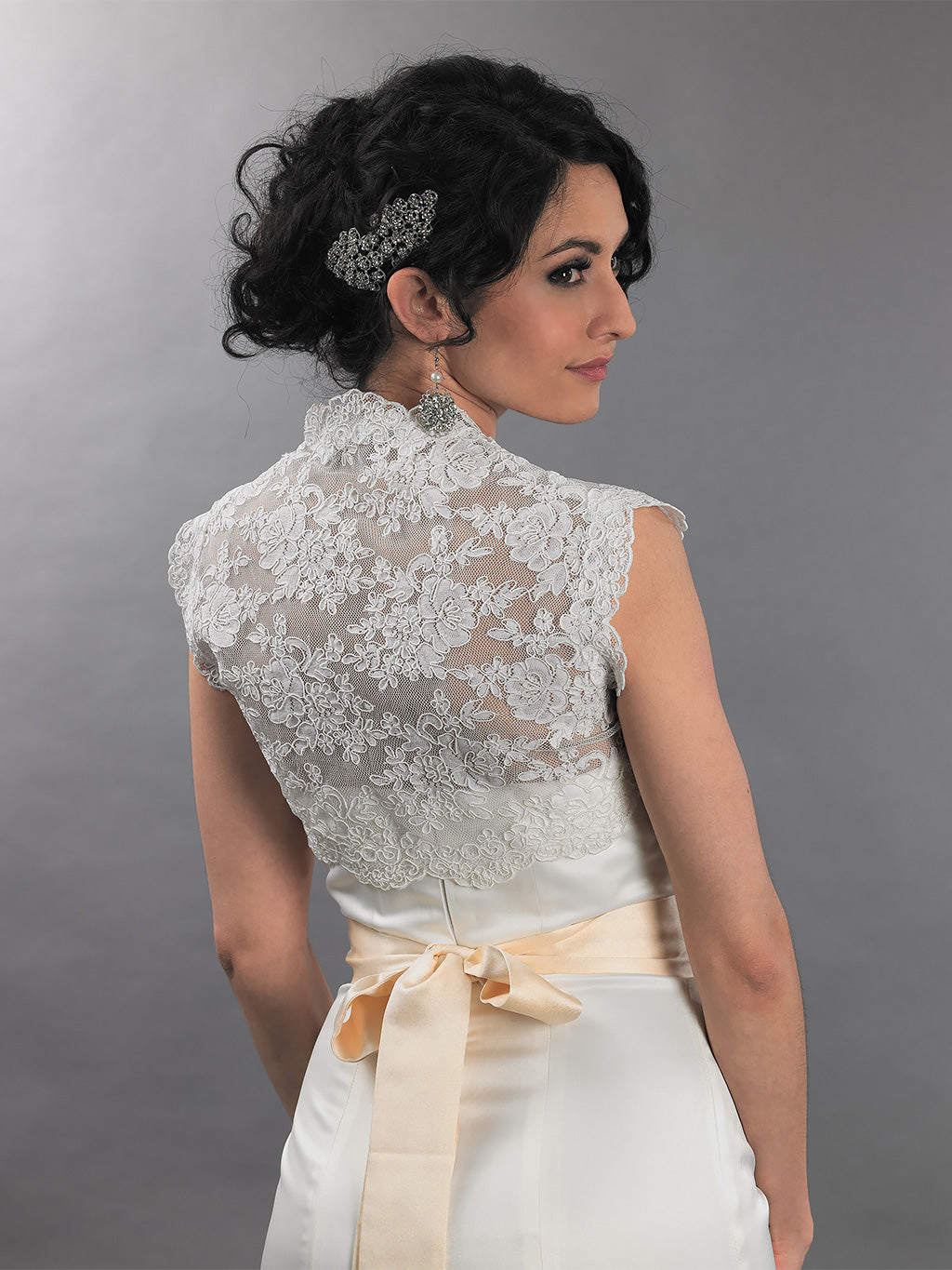Sleeveless bridal alencon lace bolero jacket
