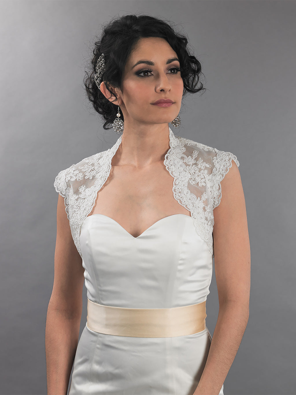 Sleeveless bridal alencon lace bolero jacket