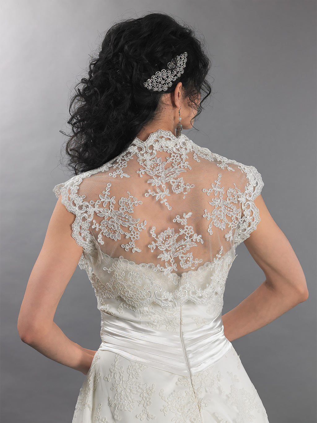 Ivory sleeveless bridal alencon lace bolero jacket