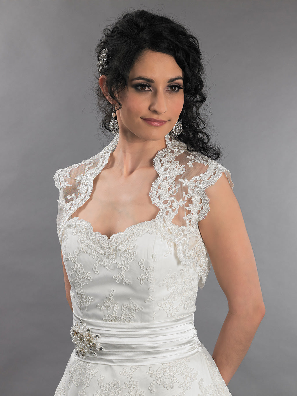 Ivory sleeveless bridal alencon lace bolero jacket